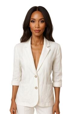 Garnet Hill White Linen Blazer Womens XS Lightweight Roll-Sleeve Single-Breasted